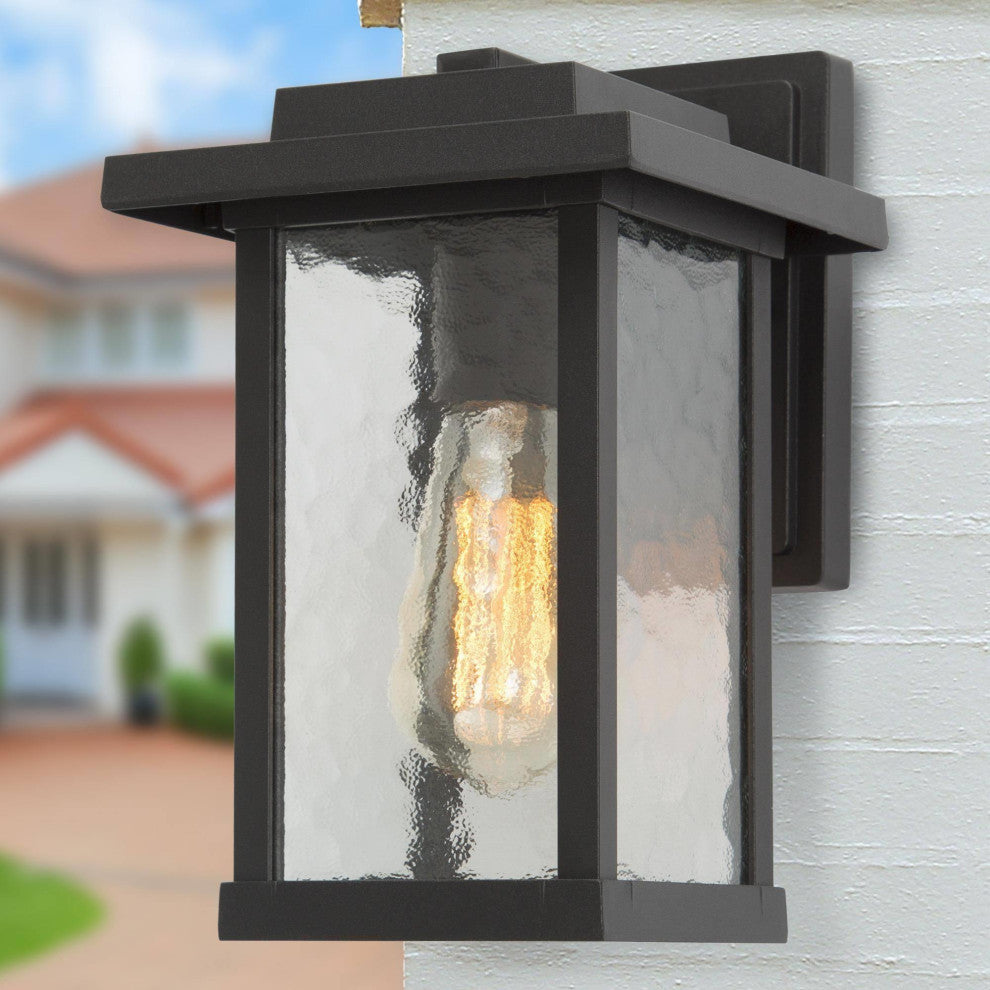 LNC 11-in Matte Black Water Proof Square Wall Sconce, Texutred Glass