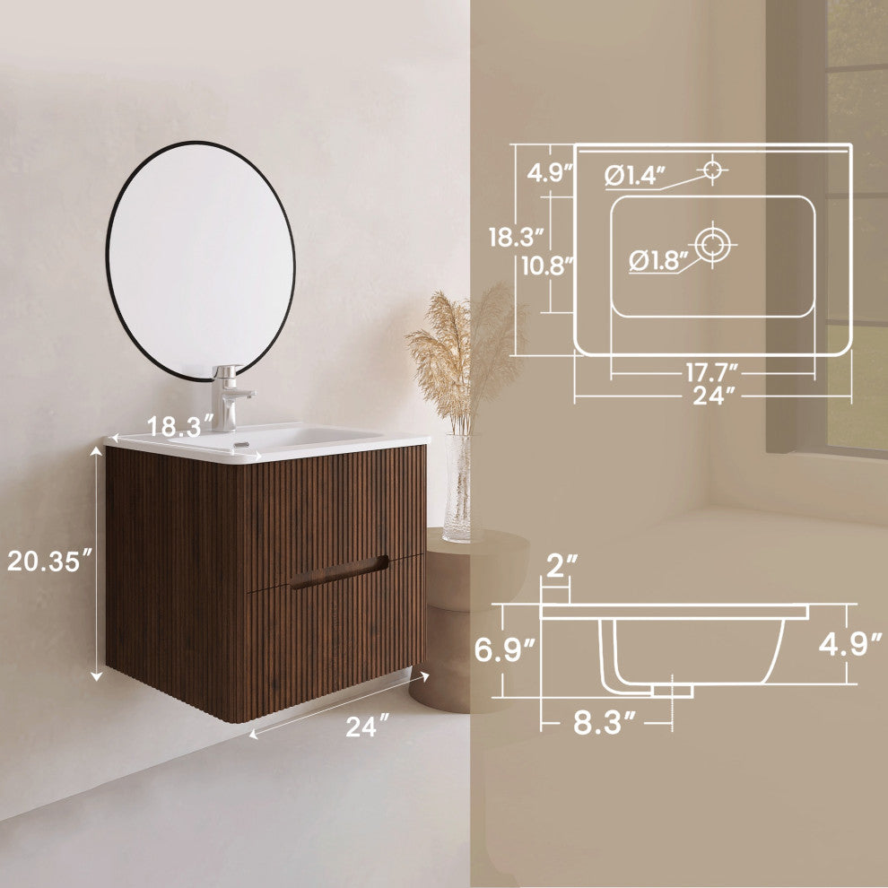 24 inch Wall-Mounted Bathroom Vanity Set with Ceramic Integrated Sink, Walnut