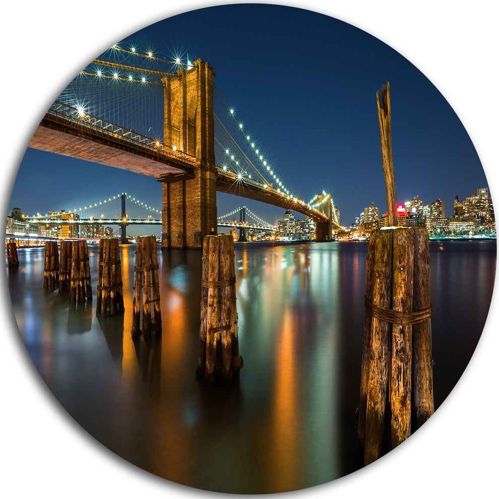Lit-Up Brooklyn Bridge By Night, Cityscape Photo Disc Metal Art, 38"