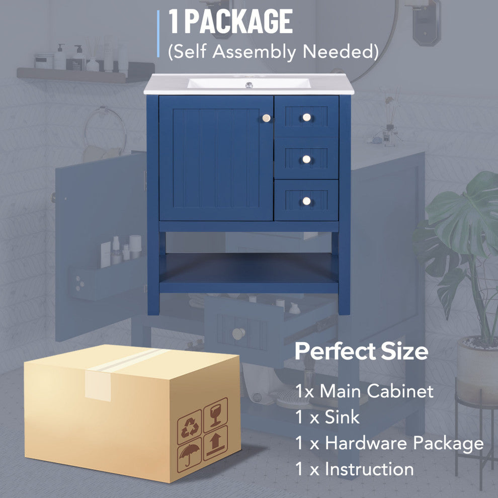 30 Inch Transitional Style Bathroom Vanity Cabinet Combo with Ceramic Sink, Blue