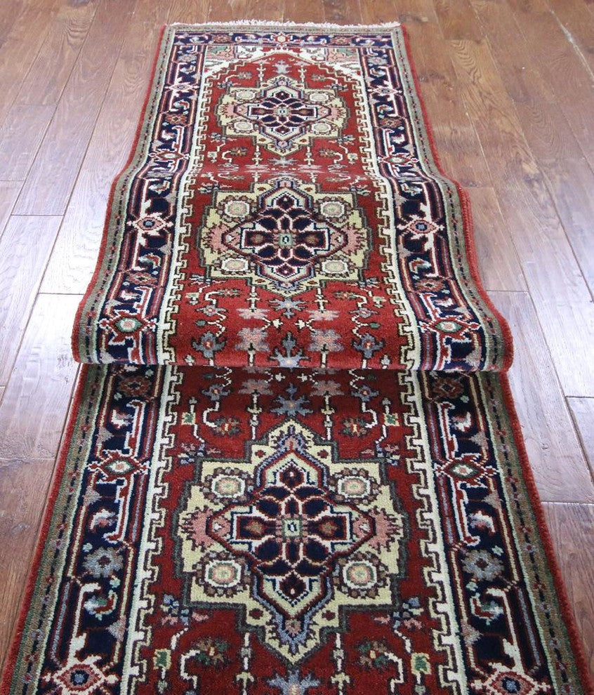 Floral Red Heriz Serapi Hand-Knotted Wool Rug, 3'x16'