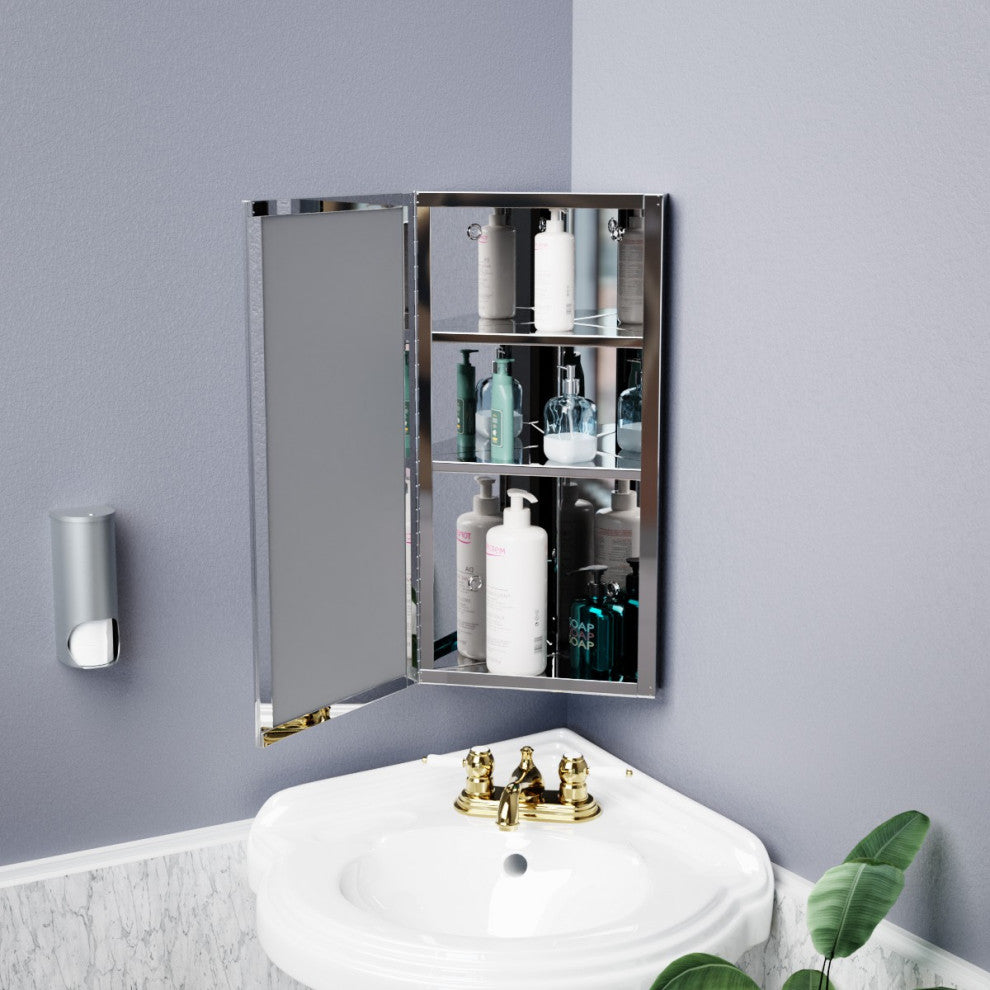 Bathroom Wall Mount Corner Medicine Cabinet Brushed Stainless Steel with Mirror