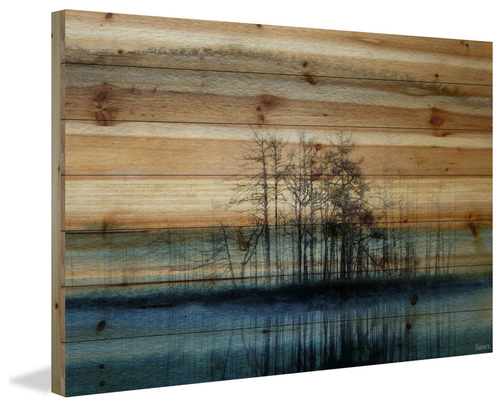 "Tree Isle Reflects" Painting Print on Natural Pine Wood, 36"x24"