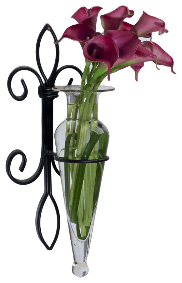 Wall Hanging Amphora Flower Vase Sconce on Fleur Lys Iron Stand, Clear Glass