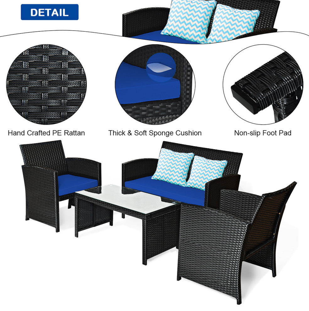 Costway 4PCS Patio Rattan Furniture Conversation Set Cushion Sofa Table Garden
