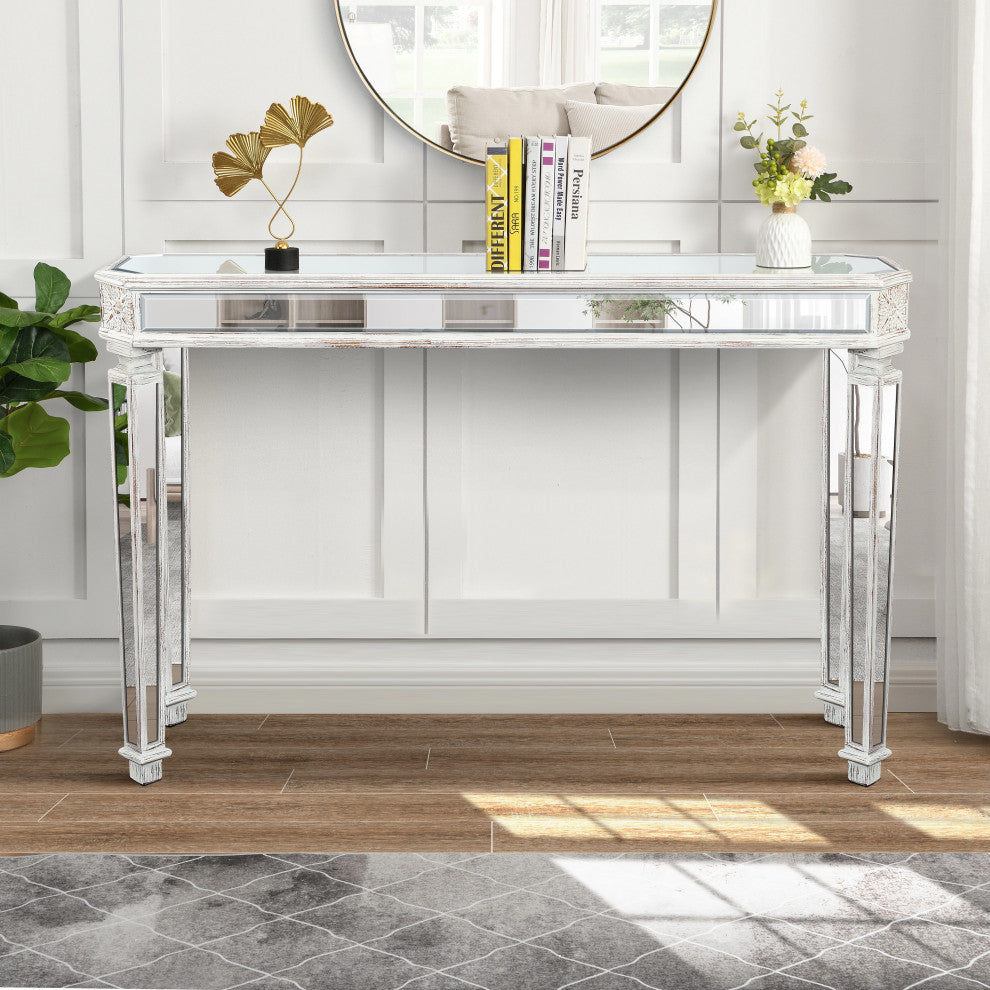 GDF Studio 48" Vintage Mirror Console Table With Wood Grain Carving, Oak/Silver