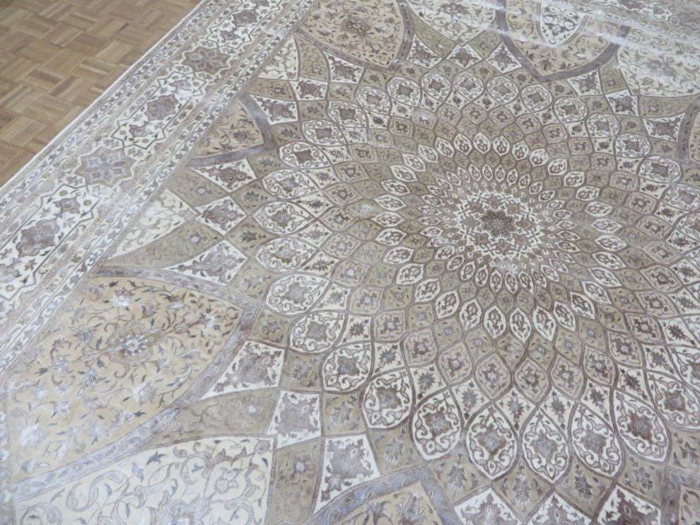 11'8x15, Hand-Knotted, Ivory Persian Tabriz Gombad With Silk Oriental Rug
