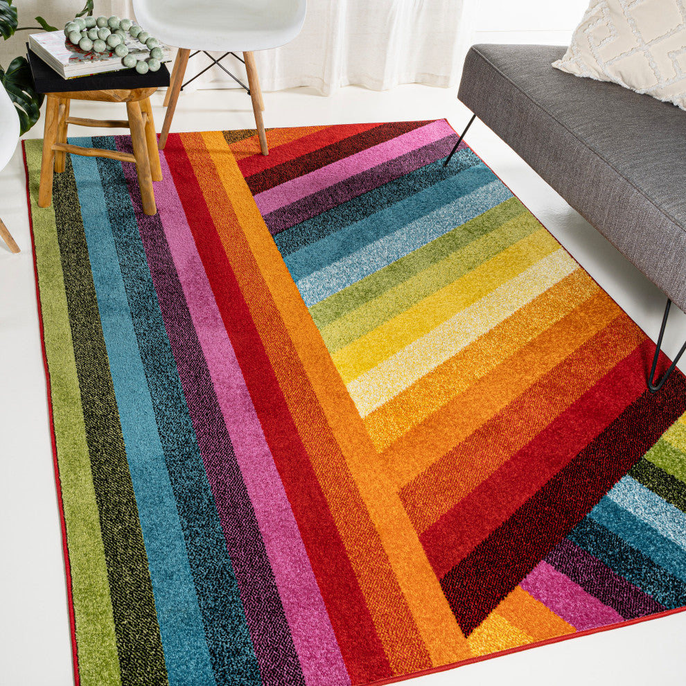 Retro Rainbow Contemporary Stripe Multi 4 ft. x 6 ft. Area Rug