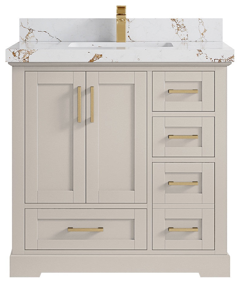 Boston 36" Center Sink Bath Vanity in Fine Grain 2" Viola Gold