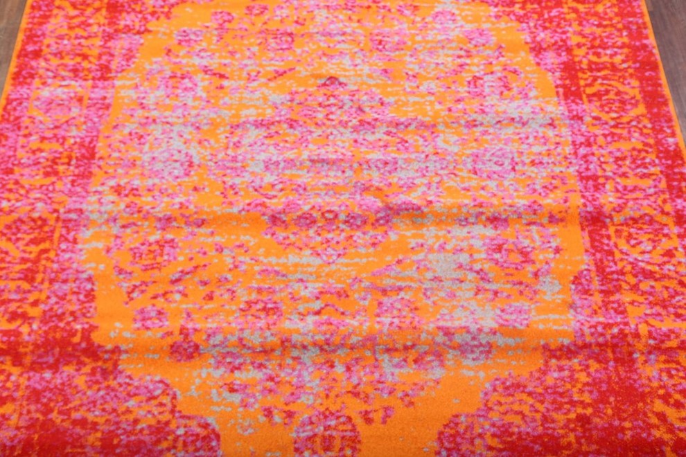 Agra All-Over Machine Made Turkish Oriental Distressed Area Rug Overdyed, Orange