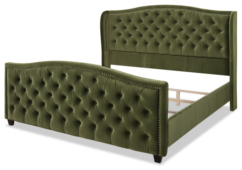 Marcella Upholstered Tufted Shelter Wingback Panel Bed, Olive Green Performance Velvet, King