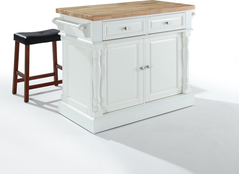 Butcher Block Top Kitchen Island, White Finish With 24" Black Upholstered Sadd