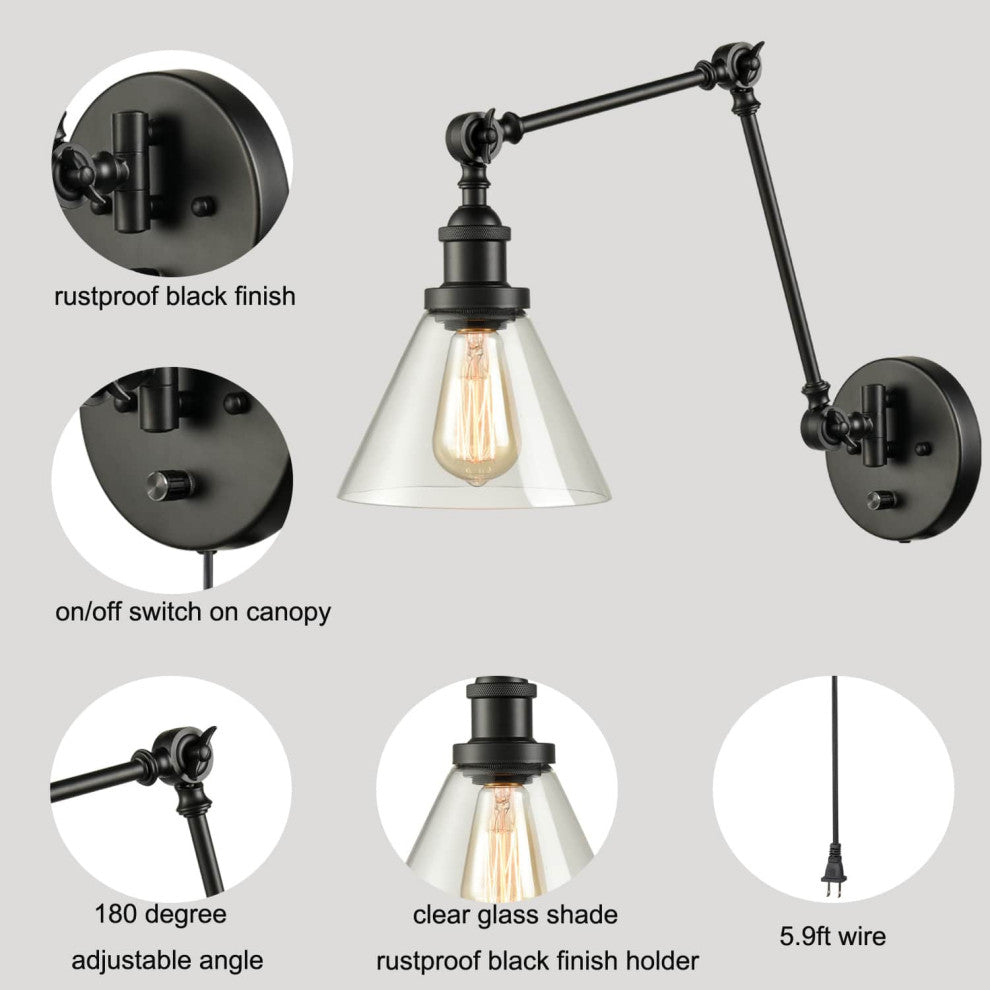 Black Swing Arm Plug-in Wall Light With Clear Glass