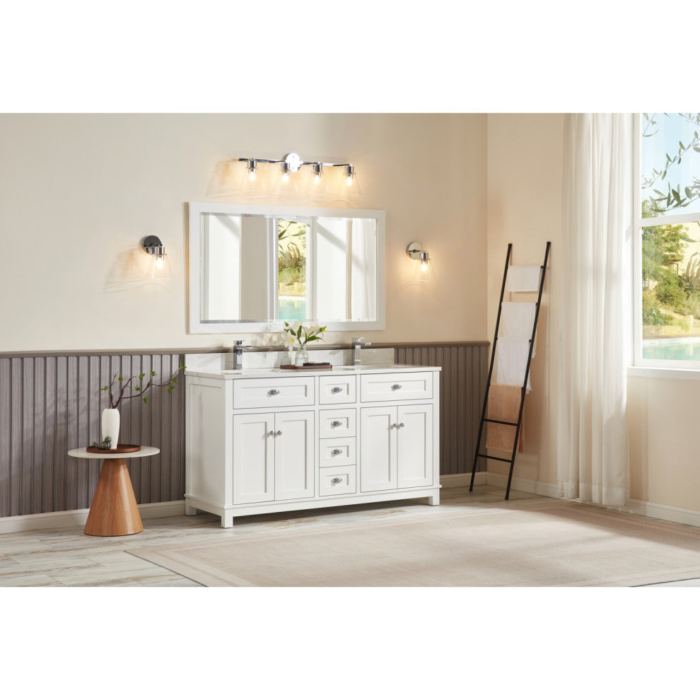 Vanity With Mirror, Sconce and Faucet Included, White, 60"