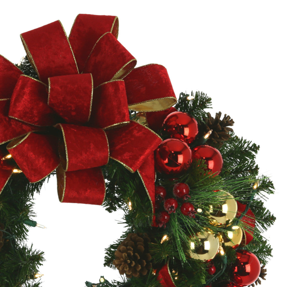 26" Evergreen Holiday Wreath with Berries, Ornaments, Bows and LED Lights, Regular Lights