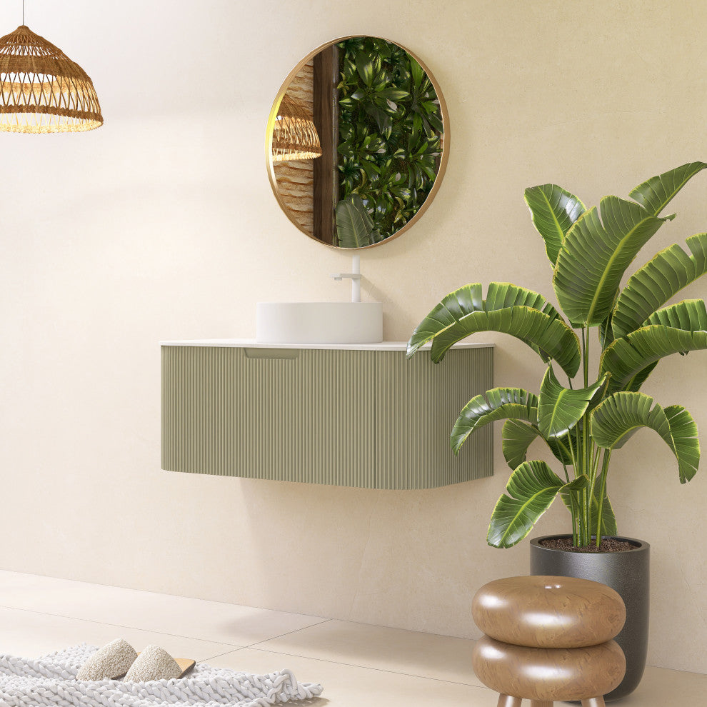 Wall-Mounted Bathroom Vanity With White Round Ceramic Basin, Light Green, 36"