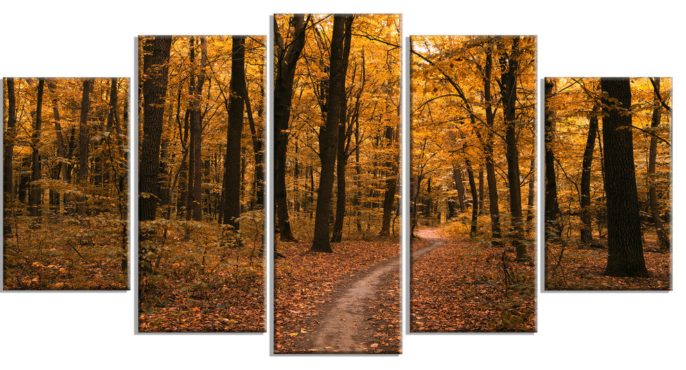 Path in the Yellow Fall Forest, Modern Forest Canvas Art, 60"x32", 5 Panels