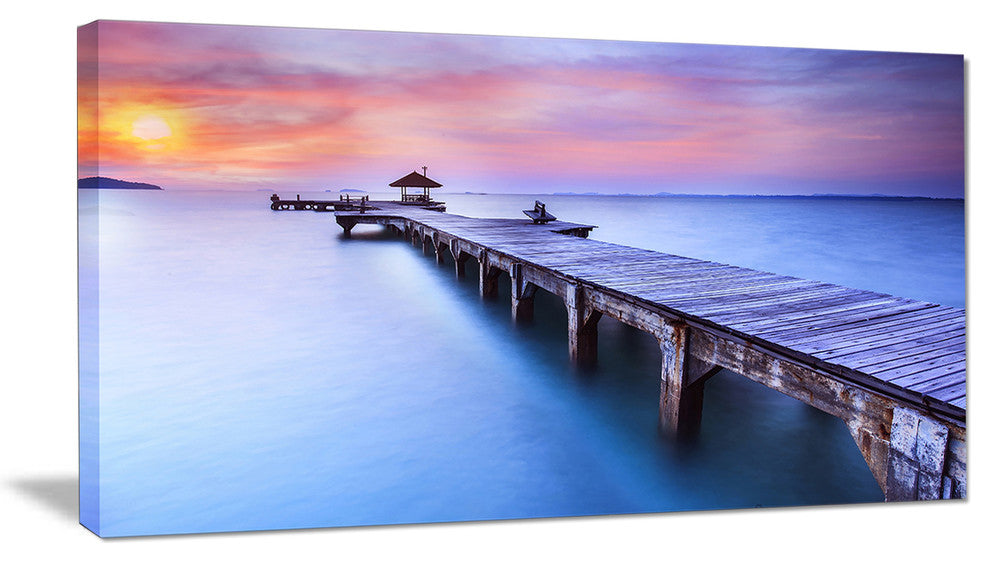 "Beach With Blue Waters and Wood Bridge" Sea Pier Wall Art Canvas Print, 32"x16"