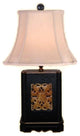Chinese Black Lacquer Box Jade Inlay Table Lamp, Shade and Finial 22"