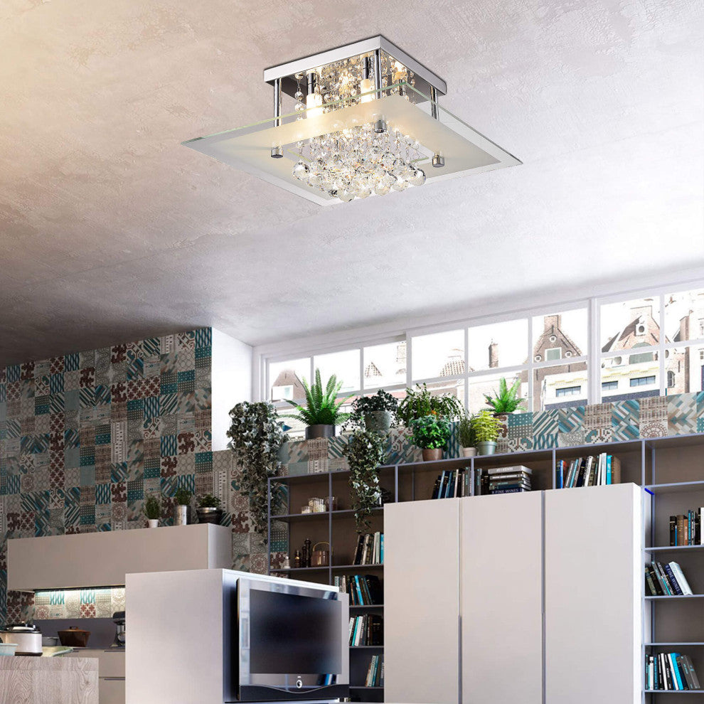 Lucia Square Chrome and Crystal Flush Mount 4-light Chandelier