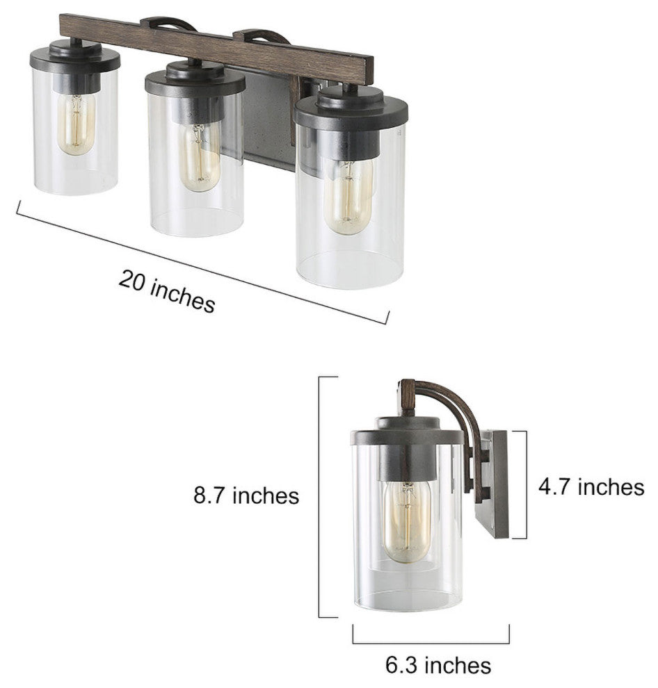 LALUZ 3-Light Black and Wood Gray Industrial Bathroom Vanity Lights