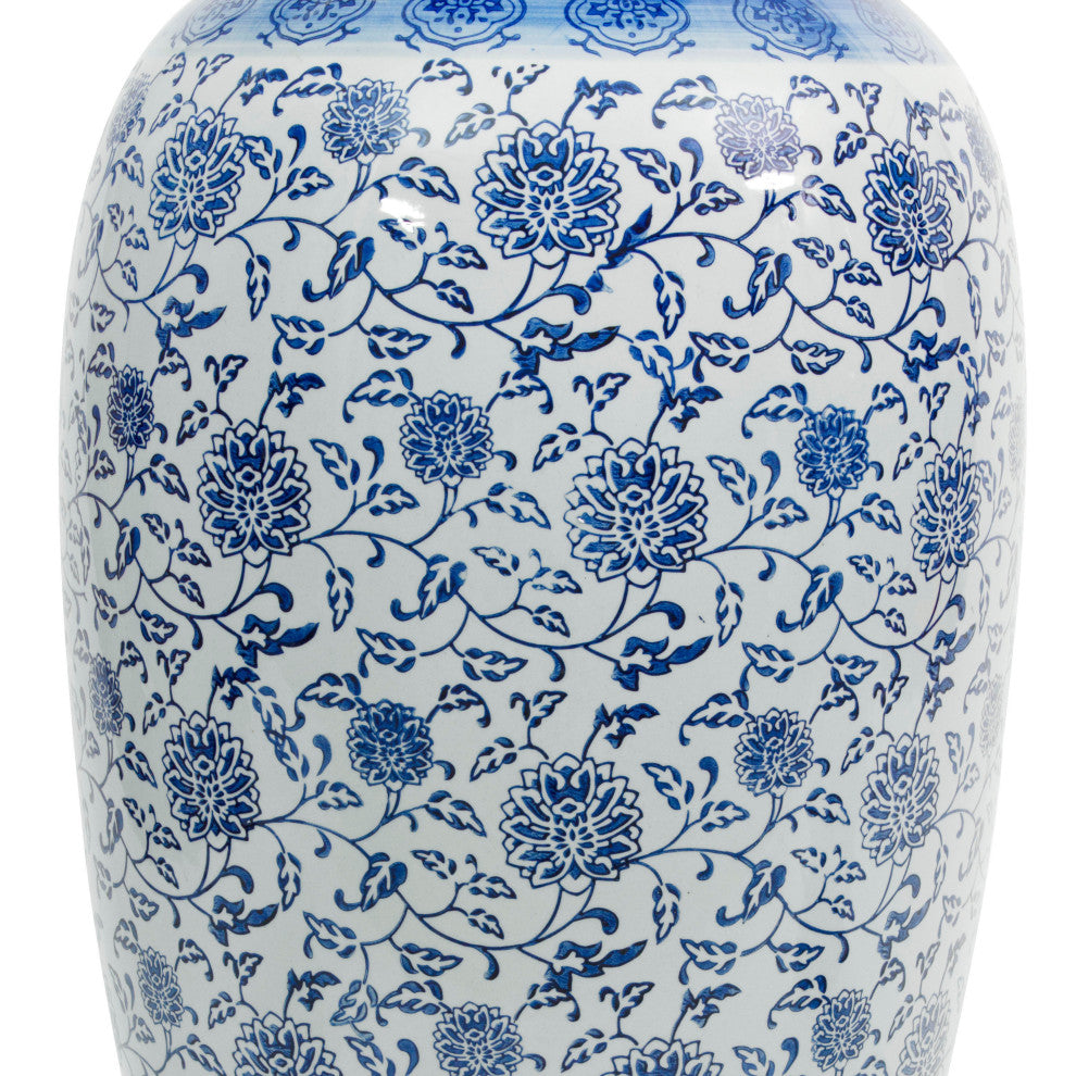 36" Floral Blue and White Porcelain Tung Chi Vase
