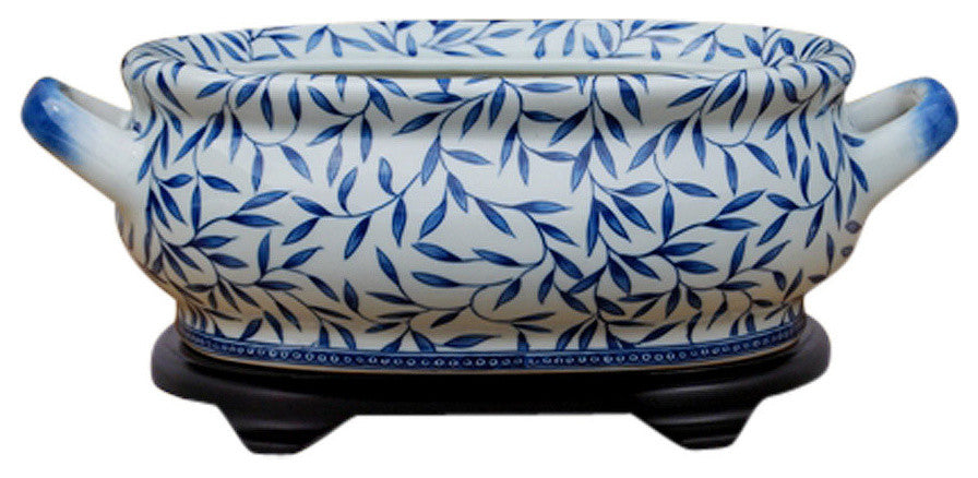 Unique Blue and White Porcelain Foot Bath Basin Chinese Bamboo Leaf