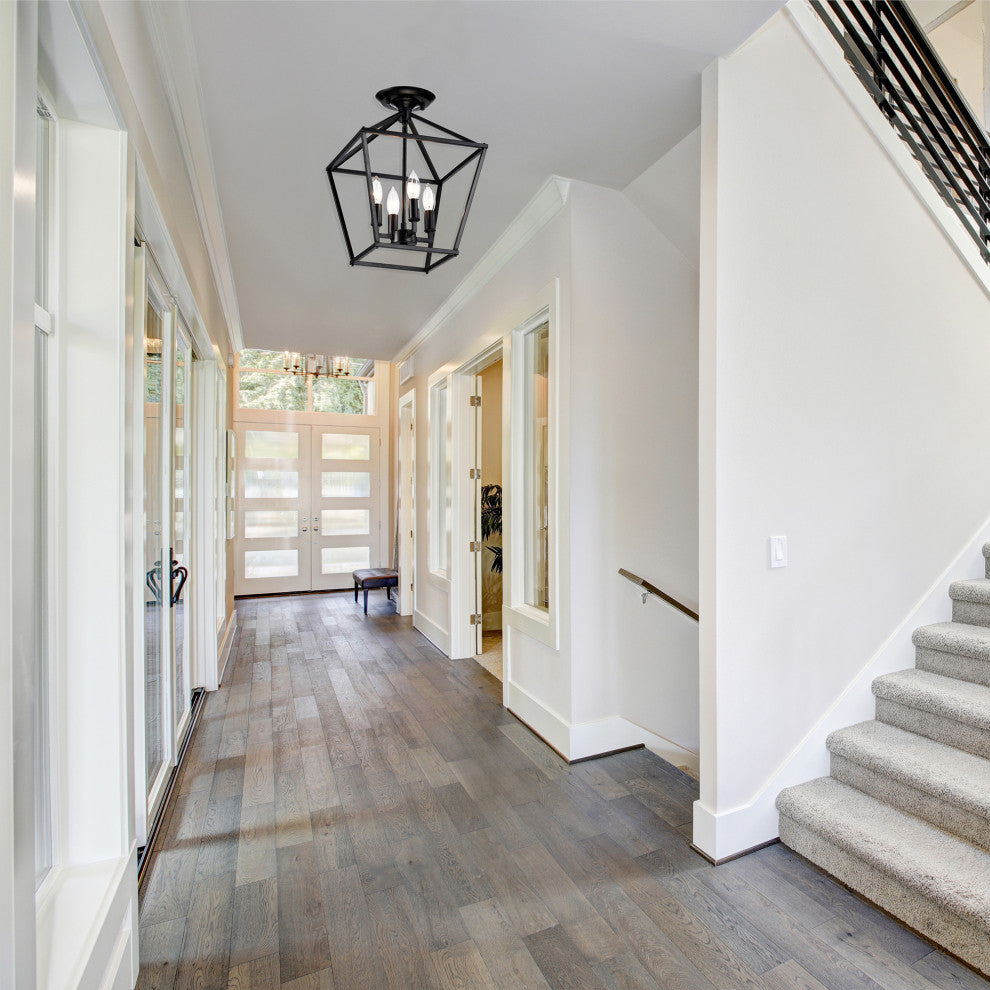 4-Light 12 in. Matte Black Cage Lantern Farmhouse Semi-flush Mount