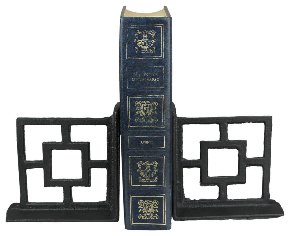Set of 2 Cast Iron Breeze Block Bookends Decorative Rustic Geometric Shelf Deco