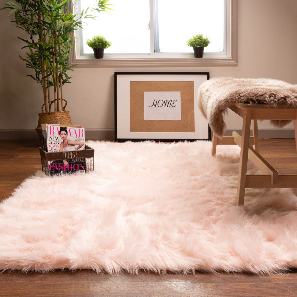 Plush and Soft Faux Sheepskin Fur Shag Area Rug, Dusty Rose, 3' X 5'