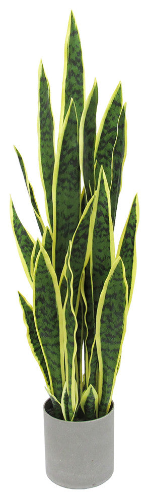 36" Green Yellow Artificial Sansevieria Snake Plant, Gray Pot