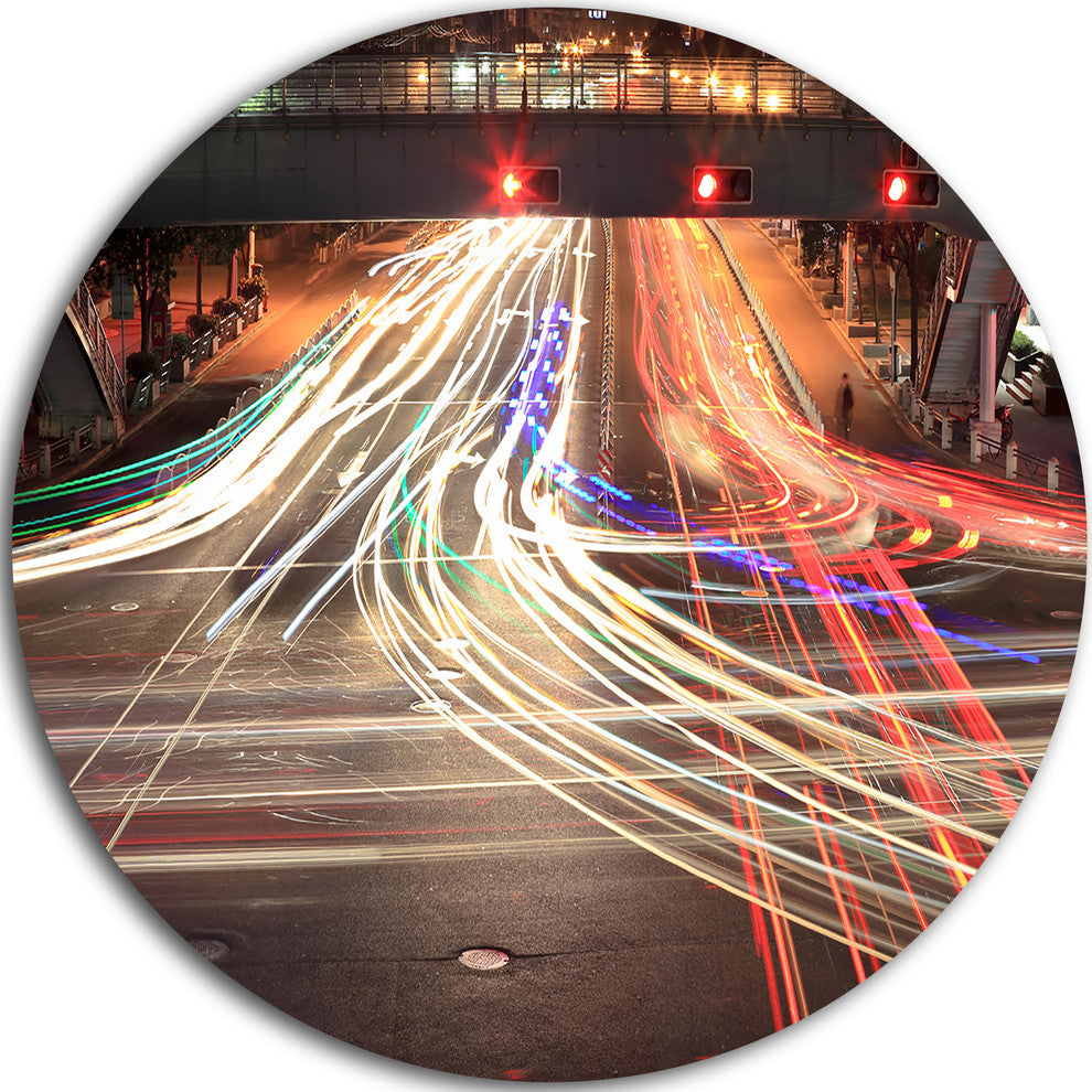 Light Traces On Crossroad, Cityscape Digital Disc Metal Wall Art, 36"