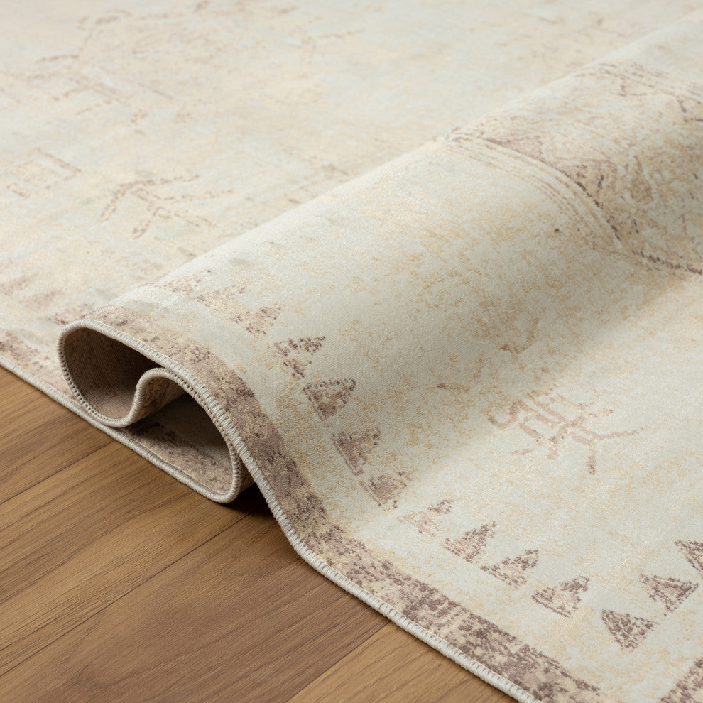 Ayla Beige Traditional Motif Waterproof Area Rug, 2' X 5'