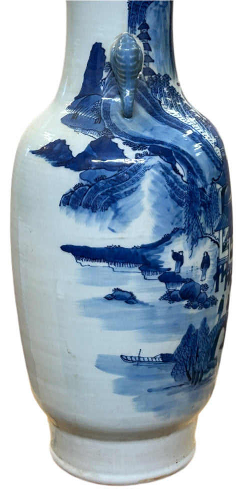 23" Vintage Blue White Scenery Porcelain Elephant Head Ear Art Vase Hws4363