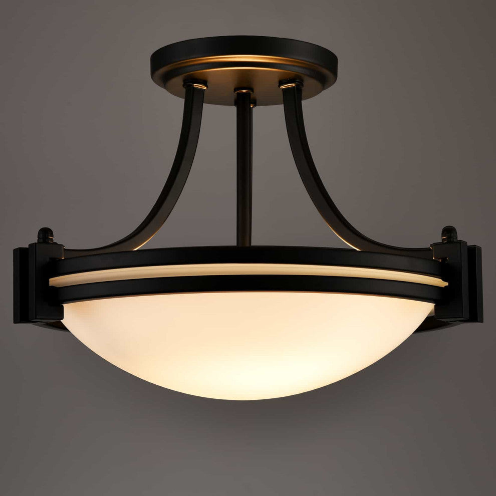 Black Semi Flush Mount Ceiling Light With Milk Glass