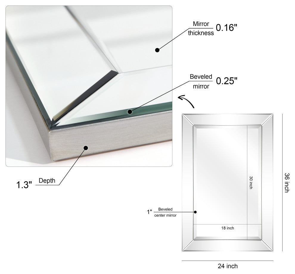 Antique Beveled Rectangle Wall Mirror, 1" Beveled Center 24"x36" Bathroom Mirror
