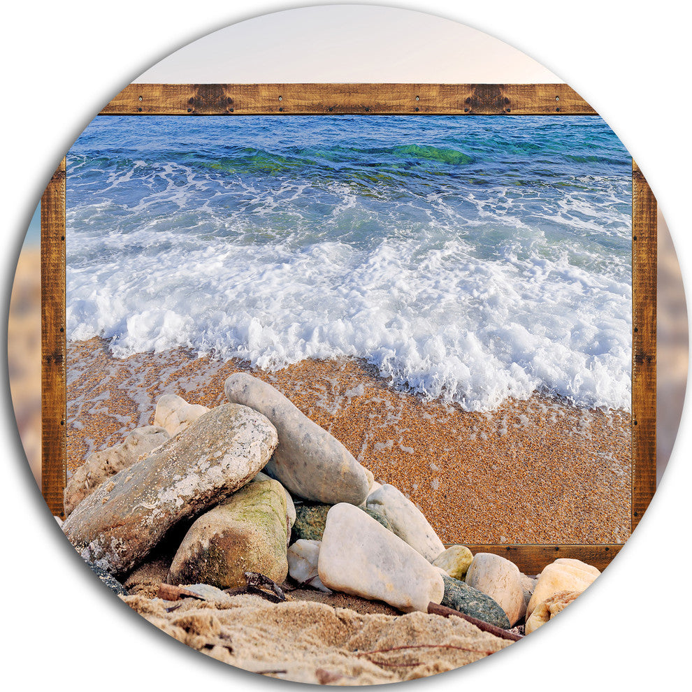 Framed Waves And Rocks, Seashore Art Round Metal Wall Art, 23"