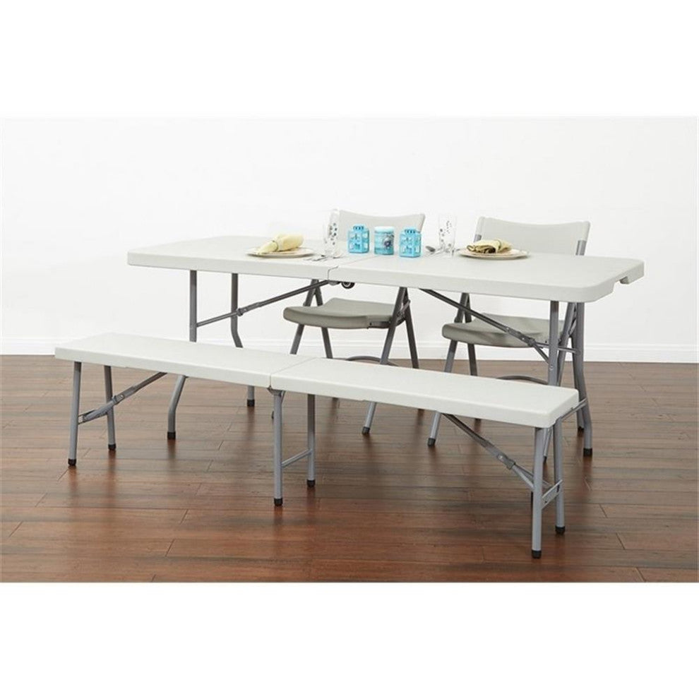 6' Light Gray Resin Fold in Half Bench Powder Coated Tubular Frame