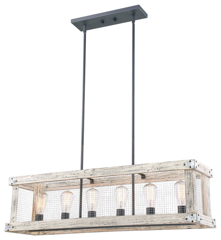 Rustic Wood In White Wash Color And Iron Net 6-Light Pendant, No Bulbs