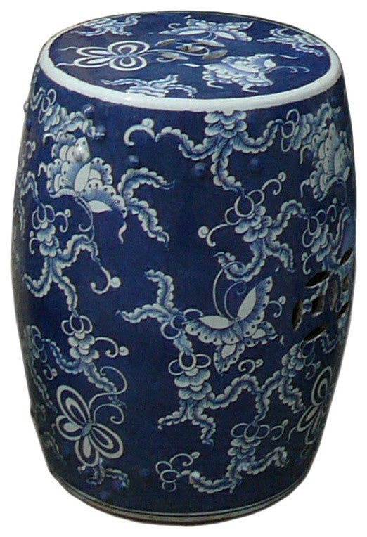Chinese Blue and White Porcelain Round Butterflies Stool
