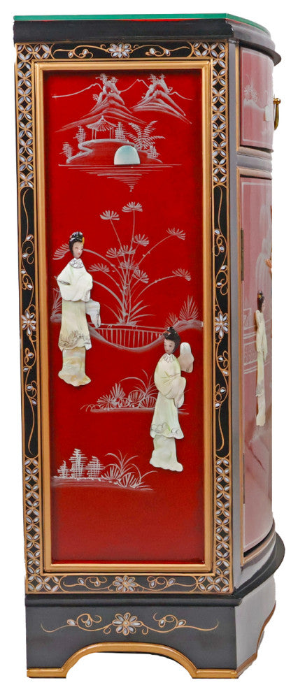 French Red Oriental Round Front Hall Cabinet
