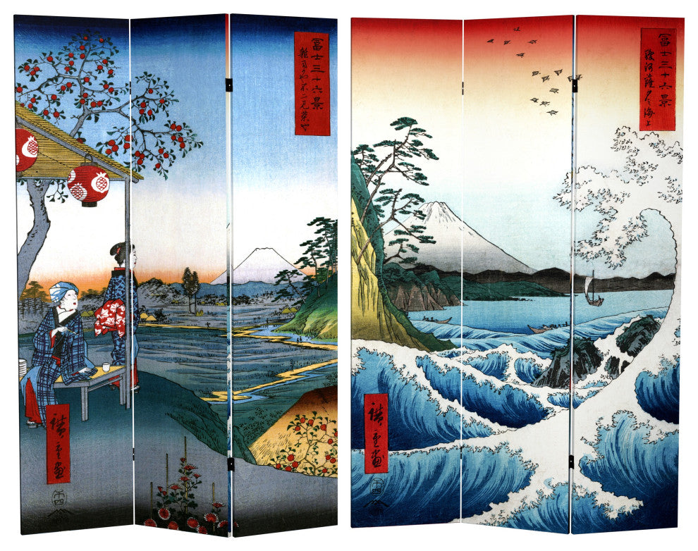 6' Tall Double Sided Hiroshige Room Divider, Sea at Satta/Teahouse