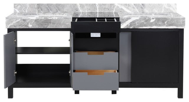Zilara 72" Black and Grey Double Vanity, Castle Grey Marble Tops