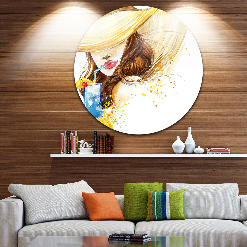 Woman With Fruit Cocktail, Abstract Round Wall Art, 23"