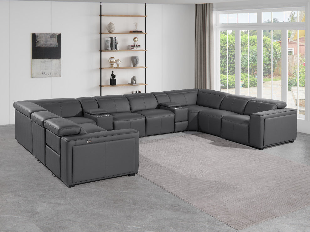 Niccolo Italian Leather 10-Piece U-Shaped 4 Power Reclining Sectional, Dark Gray