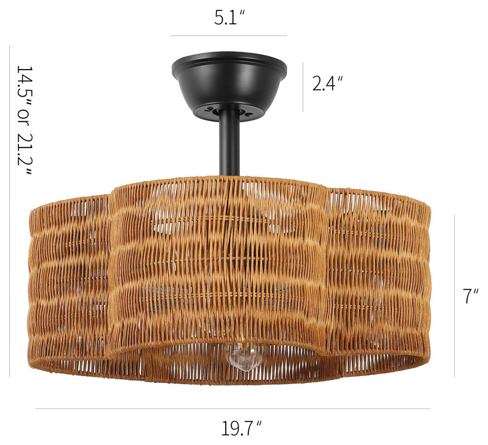 GetLedel 19.7" Scalloped Rattan Ceiling Fan With Remote and Light, Brown