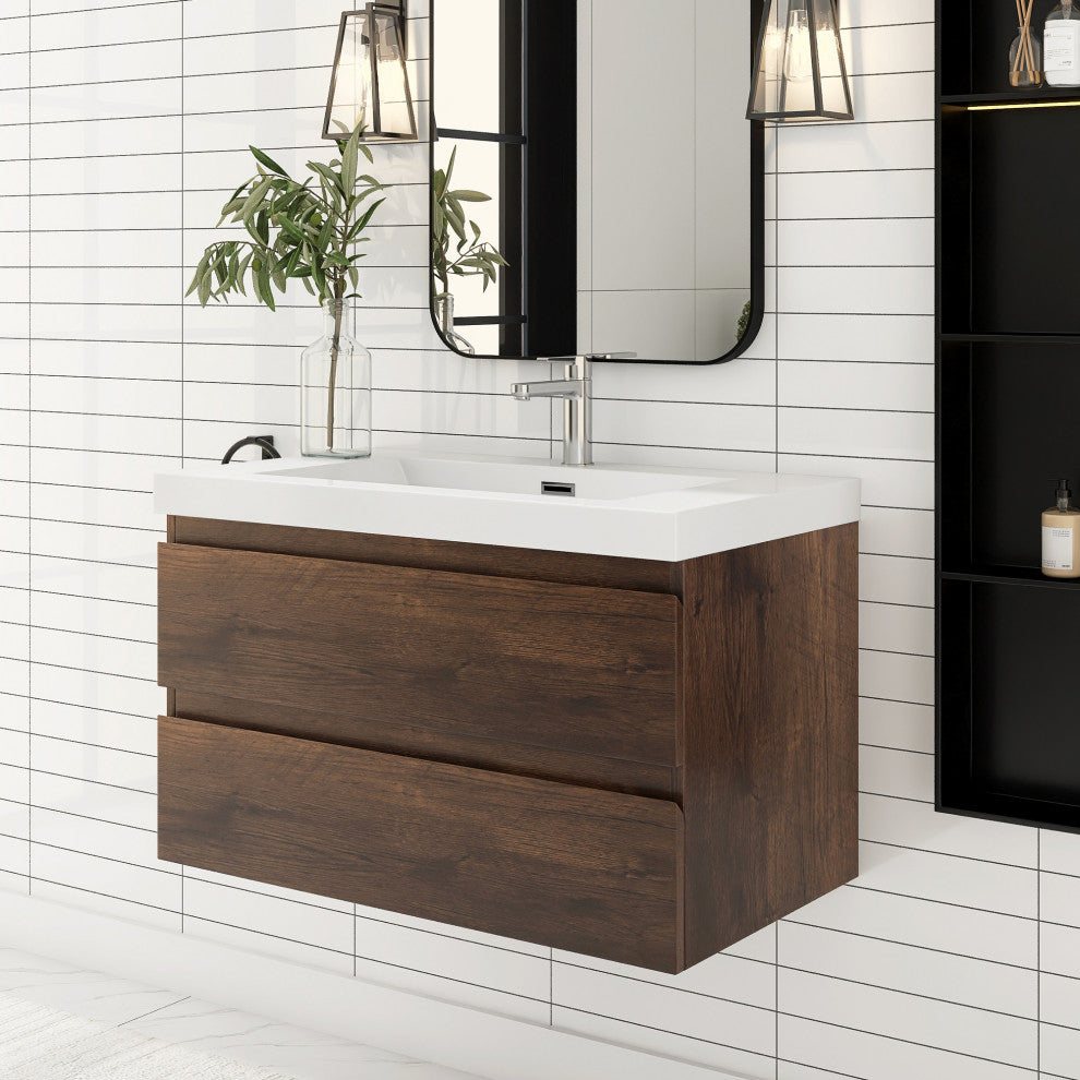 Wall-Mounted Bathroom Vanity with Integrated Resin Sink, Rose Wood, 36in.