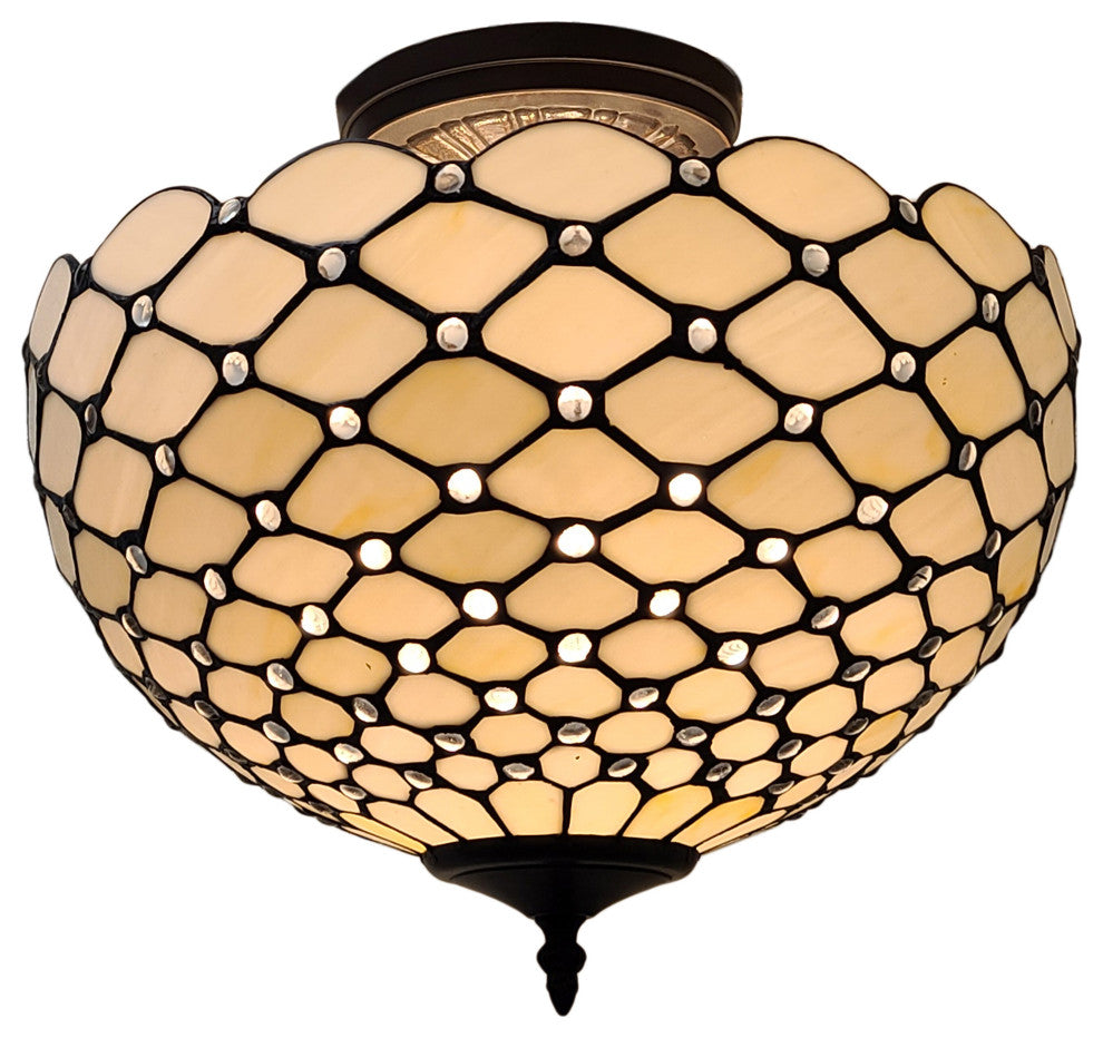 Tiffany Style 2 Light Impearled Semi-Flush Ceiling Lamp, 16" Wide