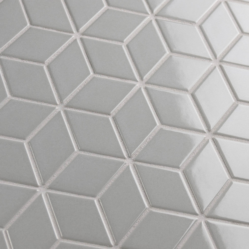 Metro Rhombus Mosaic Floor and Wall Tile, Glossy Light Gray