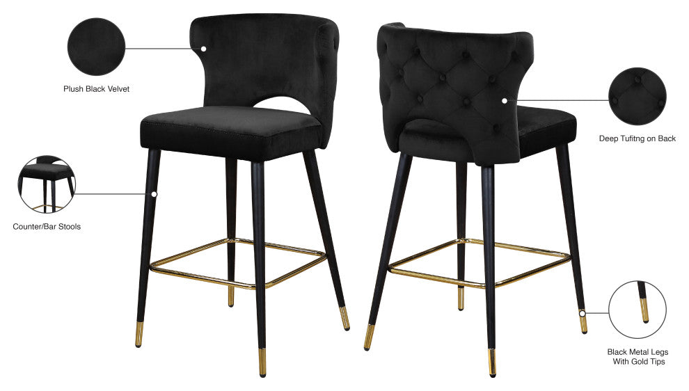 Kelly Velvet Stool (Set of 2), Black